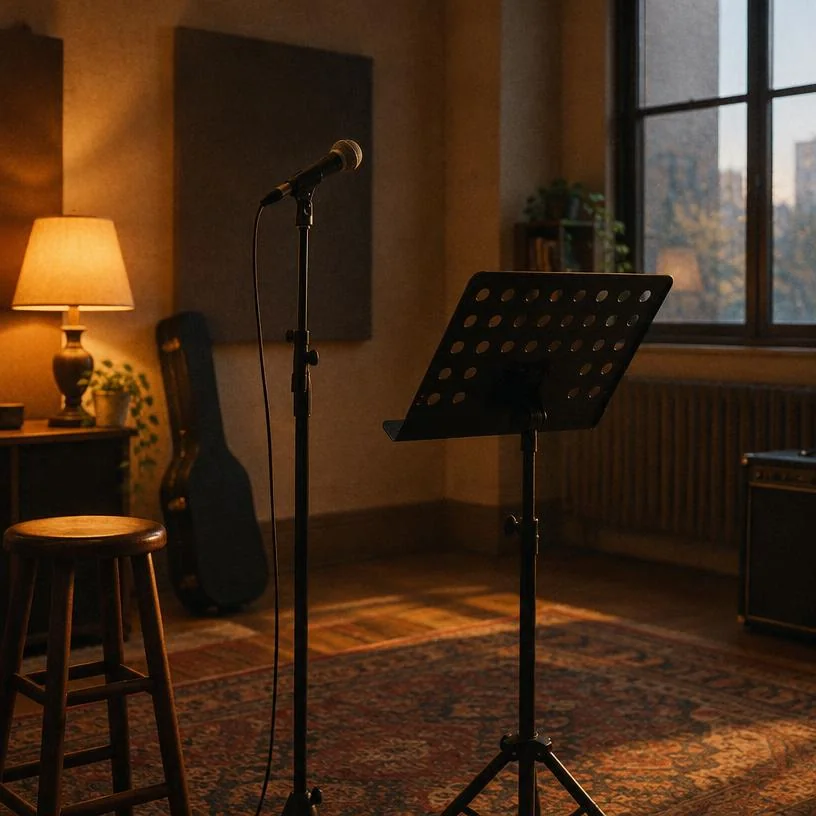 Rehearsal room with a microphone stand and a music stand