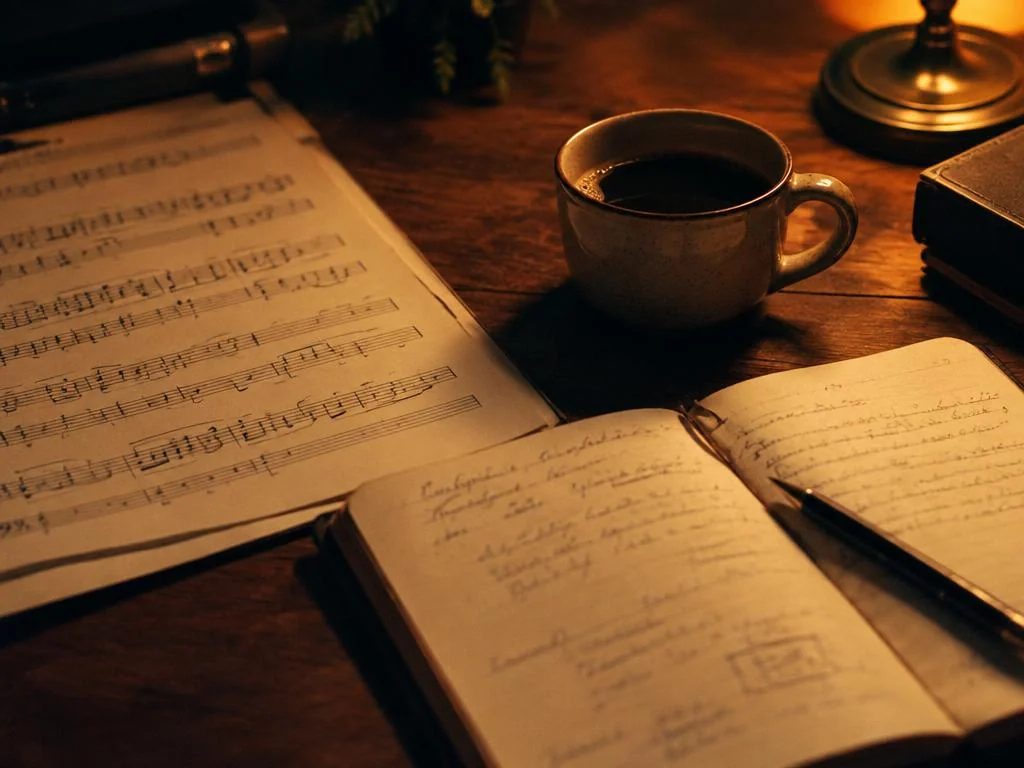 Notebook with handwritten notes beside sheet music and coffee
