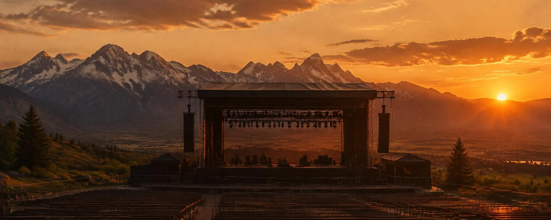 Outdoor stage with mountains at sunset