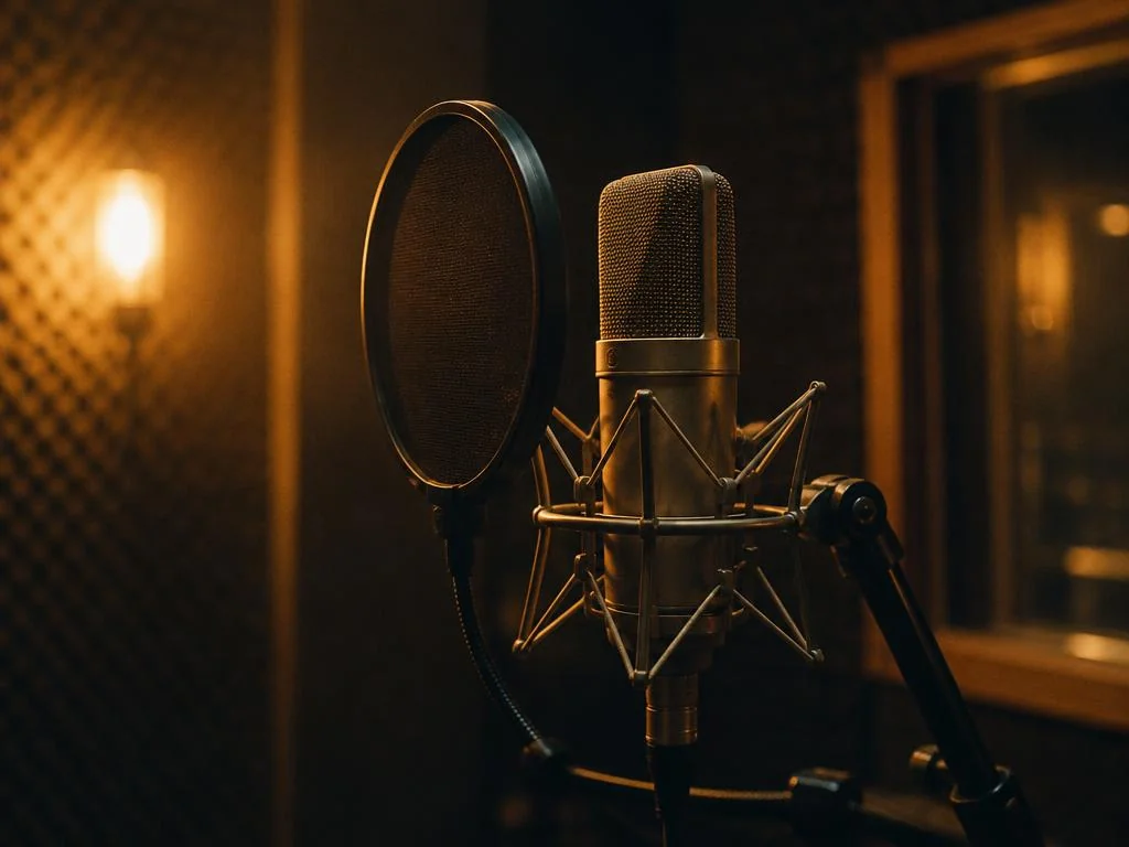 Condenser microphone with pop filter in a recording booth