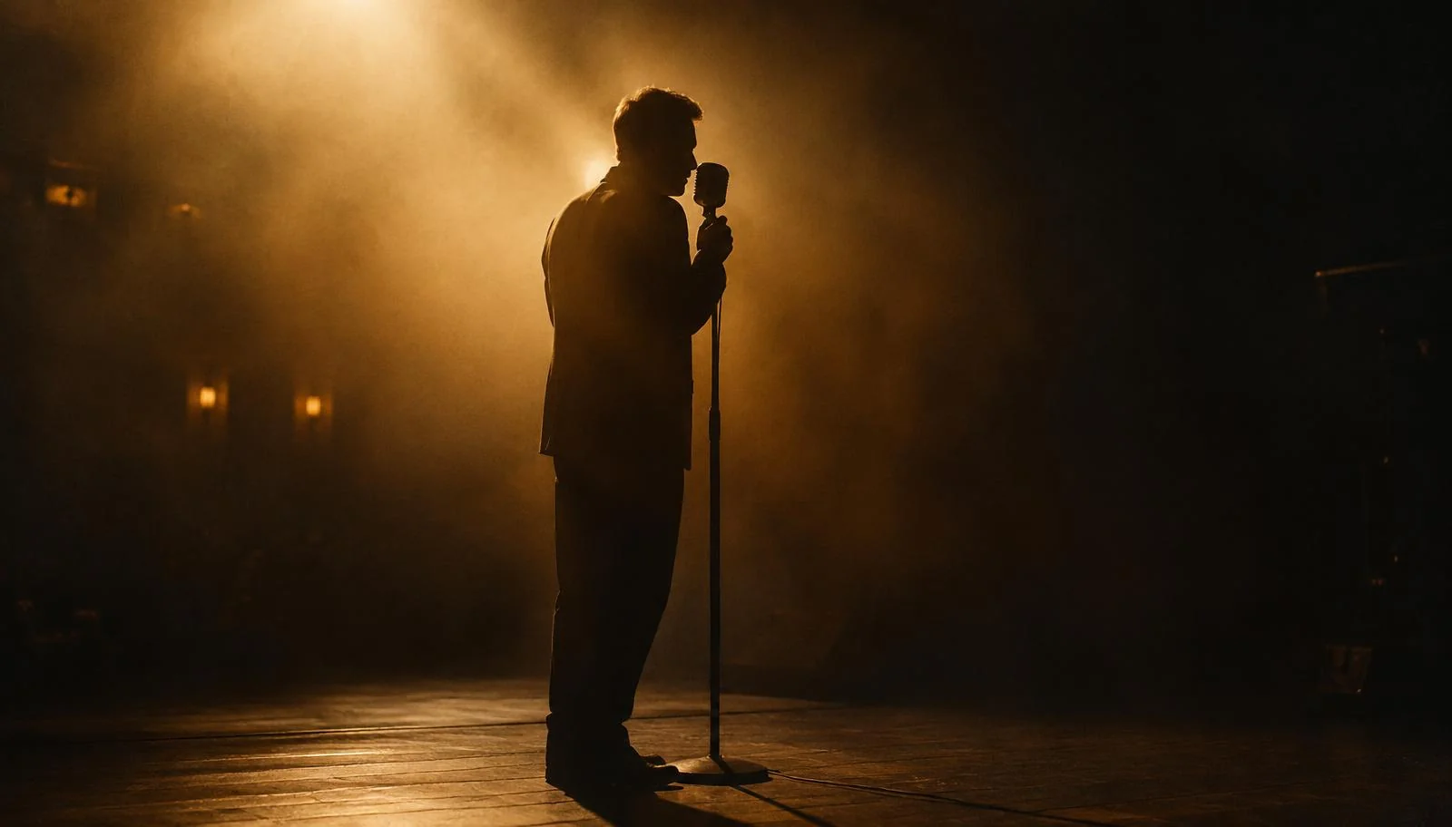 Backlit silhouette of a singer at a microphone