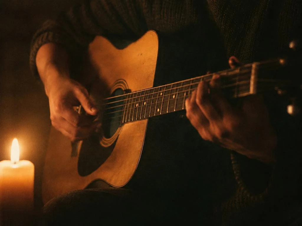 Hands playing an acoustic guitar by candlelight