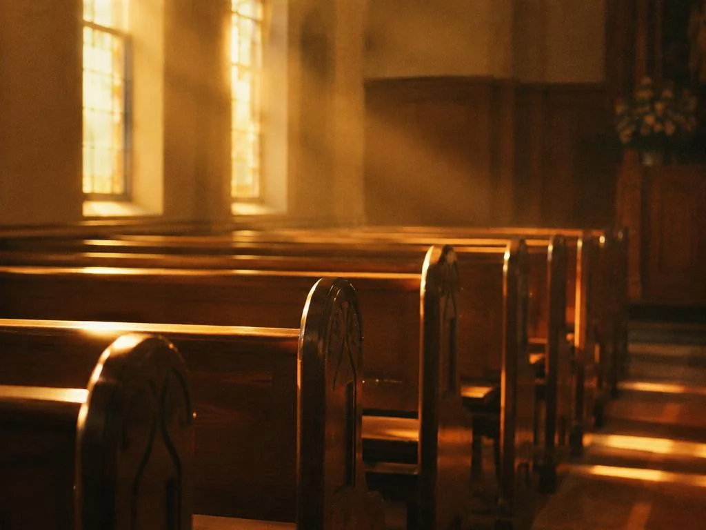 Chapel pews bathed in golden light