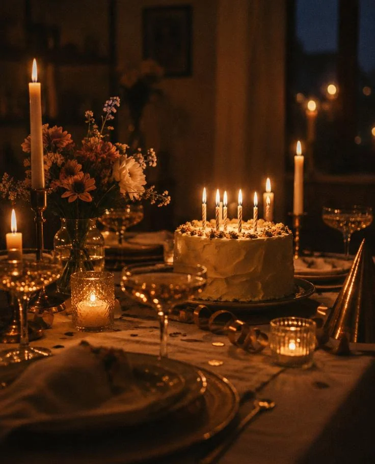 Candle-lit birthday party table