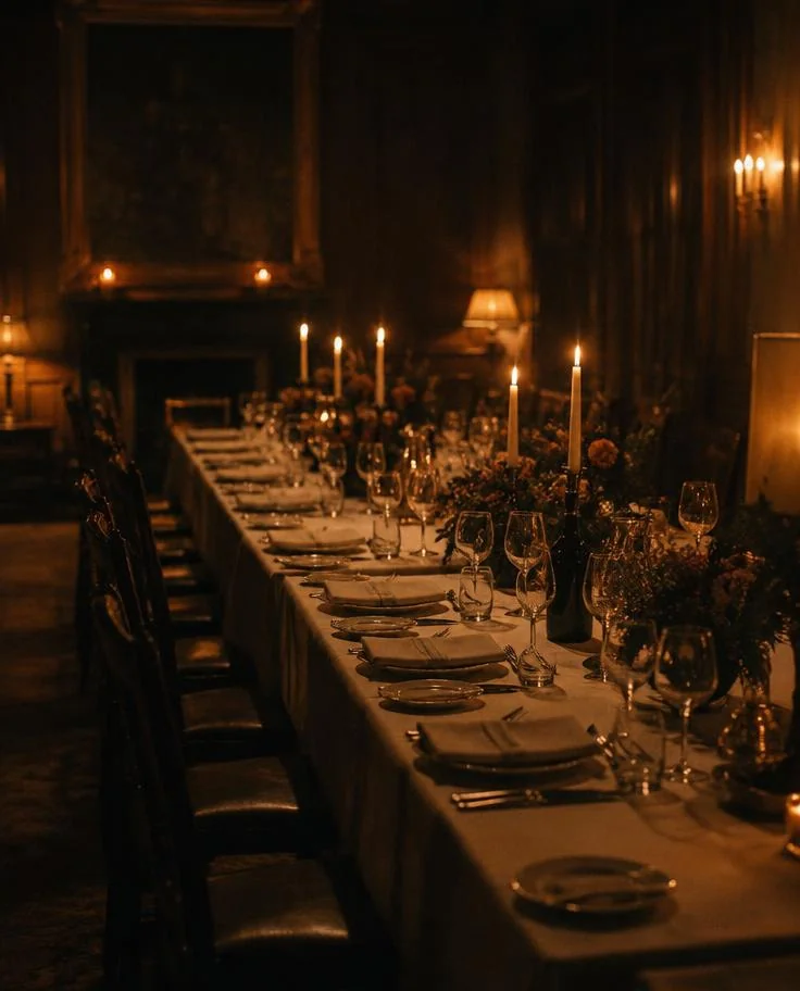 Banquet table in tungsten candlelight