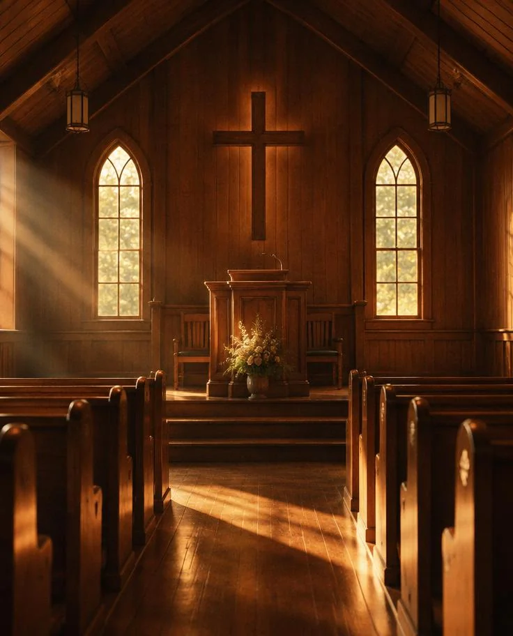 Wooden church interior in warm light