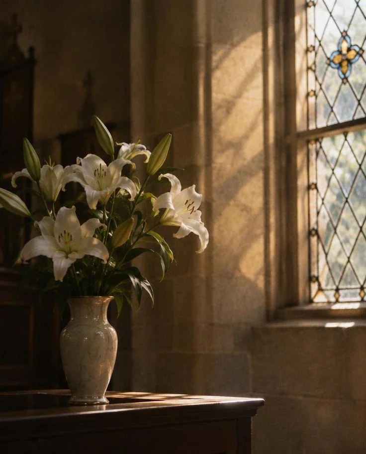 White lilies by a chapel window