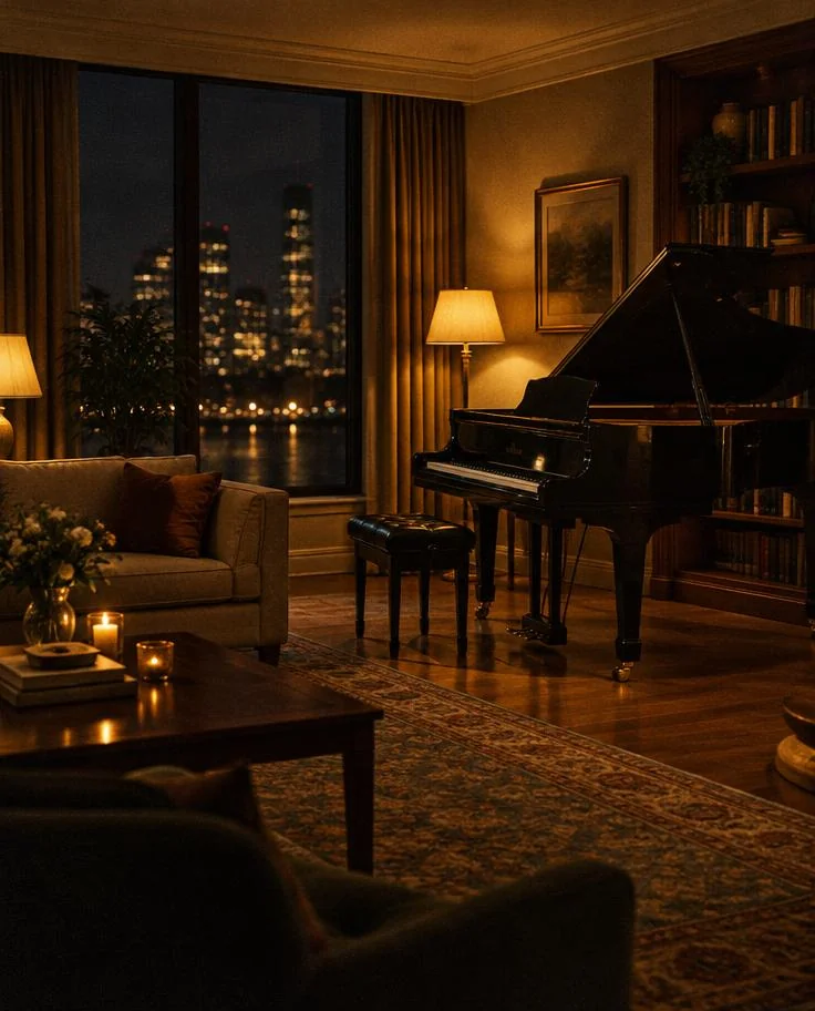 Living room with a grand piano in lamp light