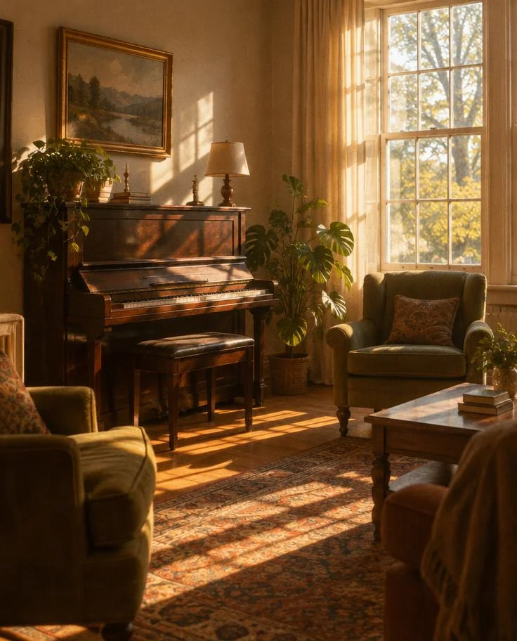 Sunlit common room with an upright piano