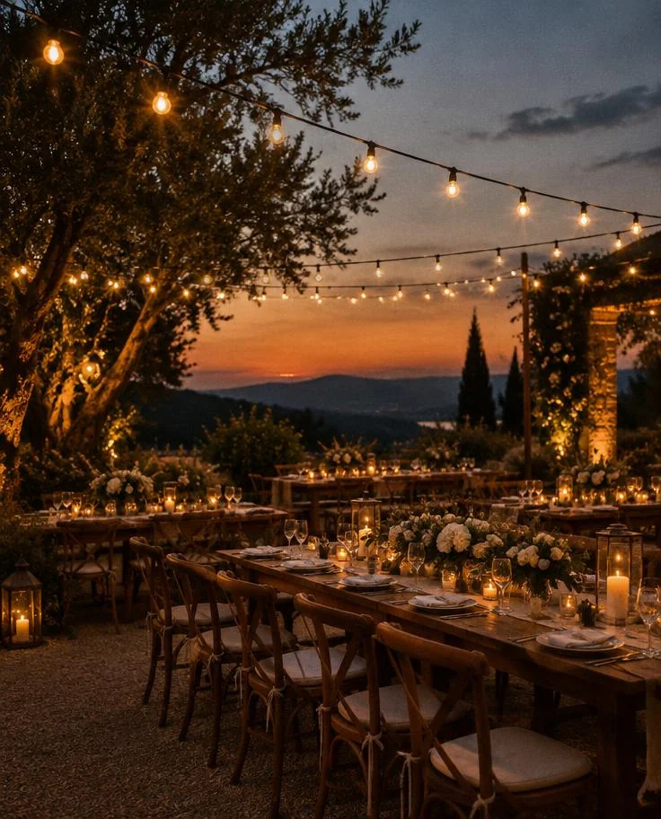 Wedding venue under string lights at dusk