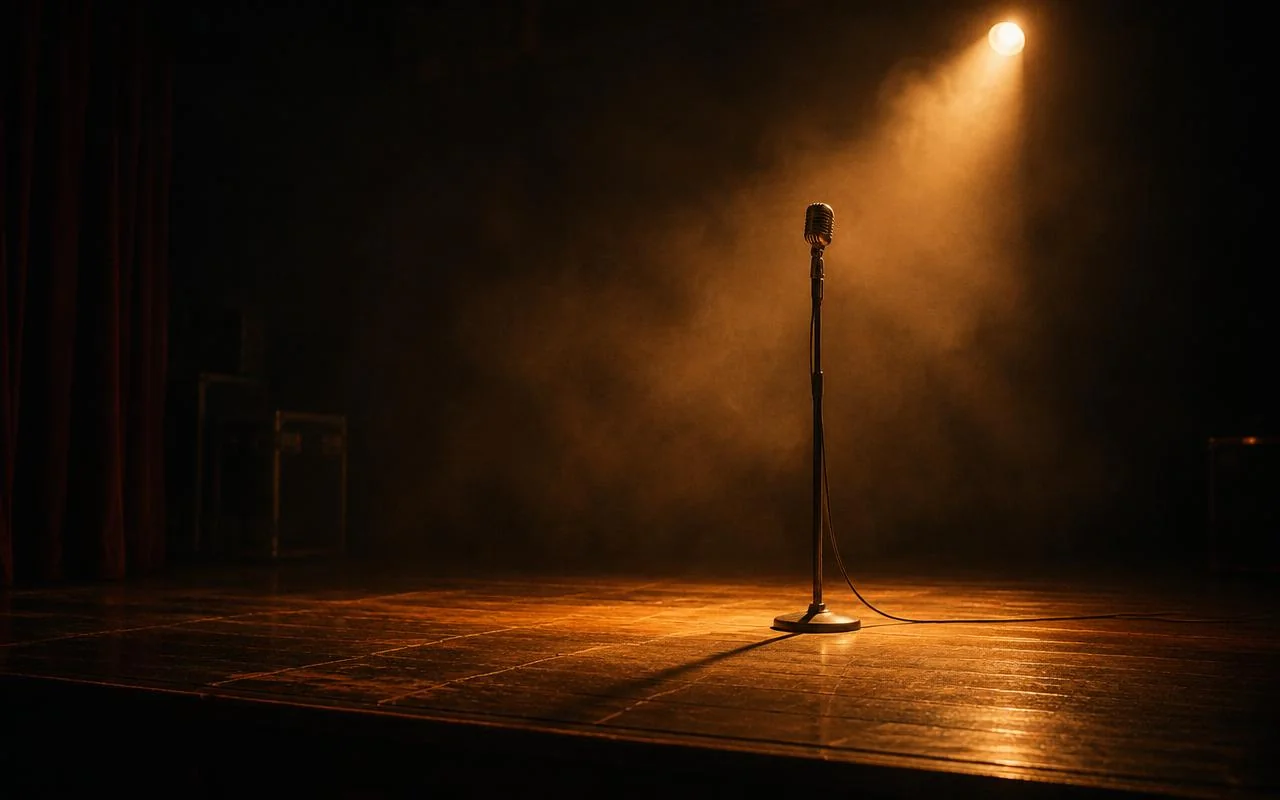 Empty stage and microphone under a single tungsten spotlight